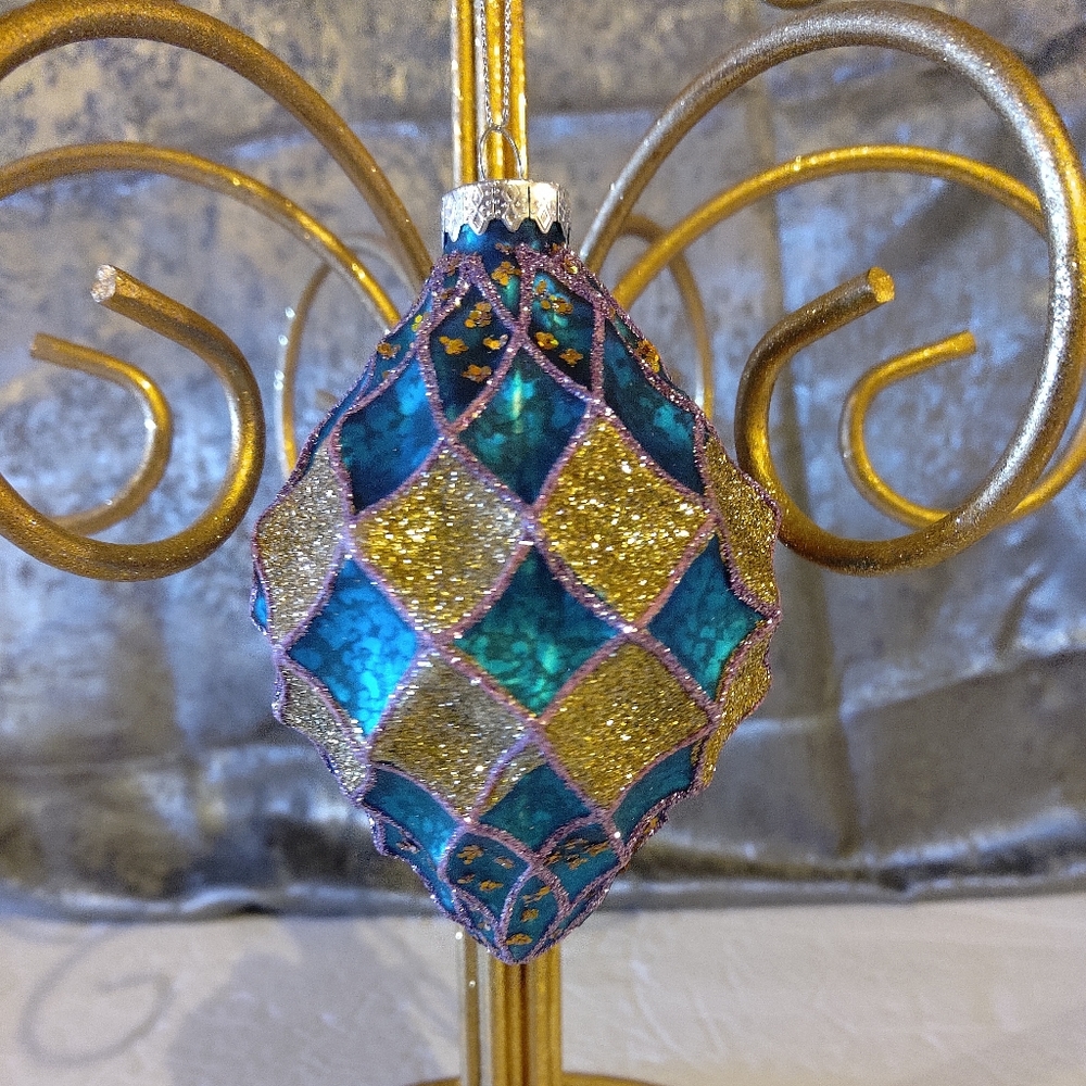Vintage Hand Blown Glass Embossed Teardrop Iridescent Gold Pink Teal Ornament